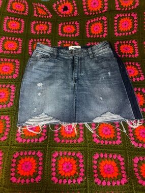 pistola Distressed Denim Mini Skirt in Medium Blue with Frayed Hem